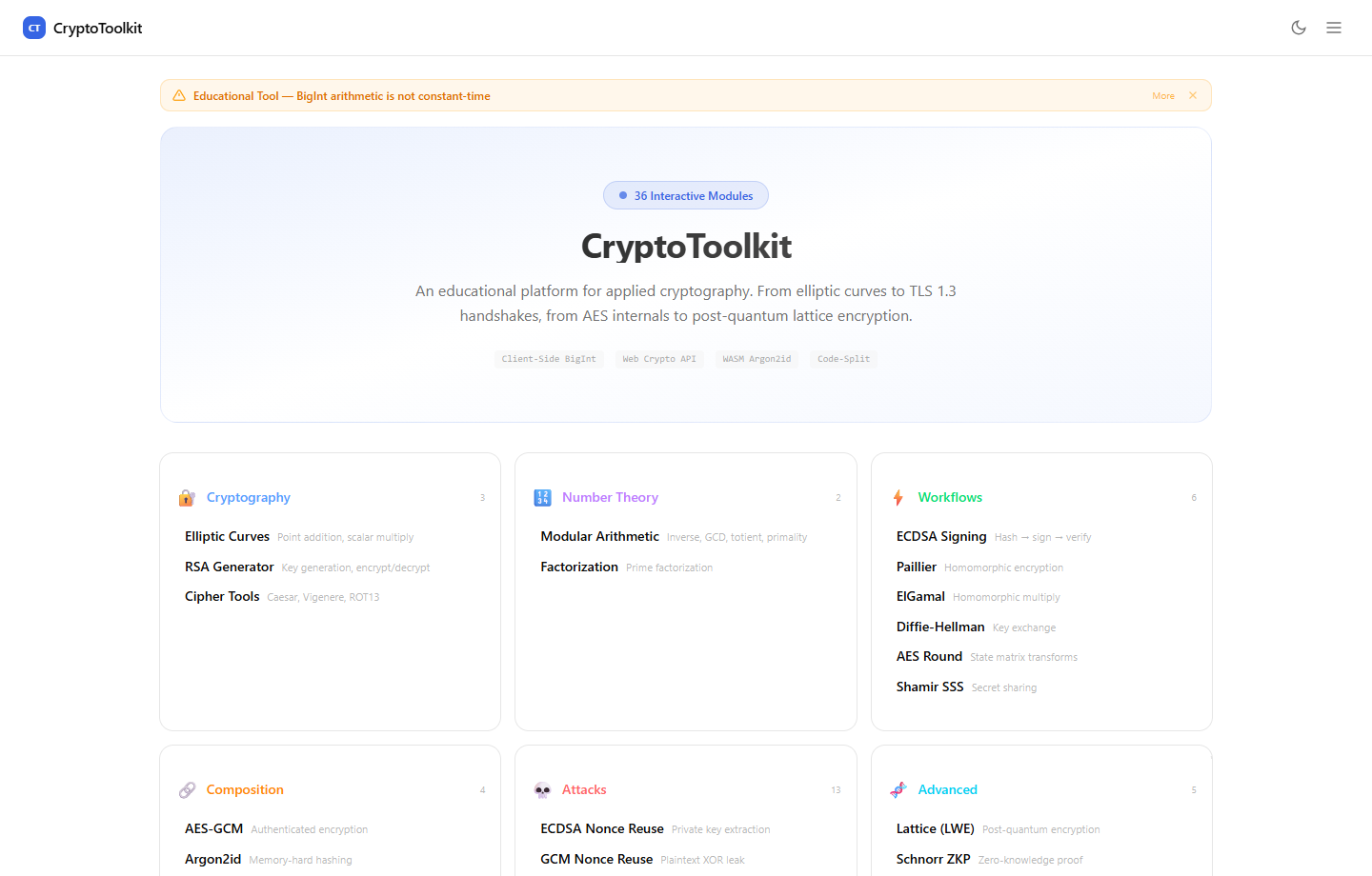 Live screenshot of CryptoToolkit cryptography modules