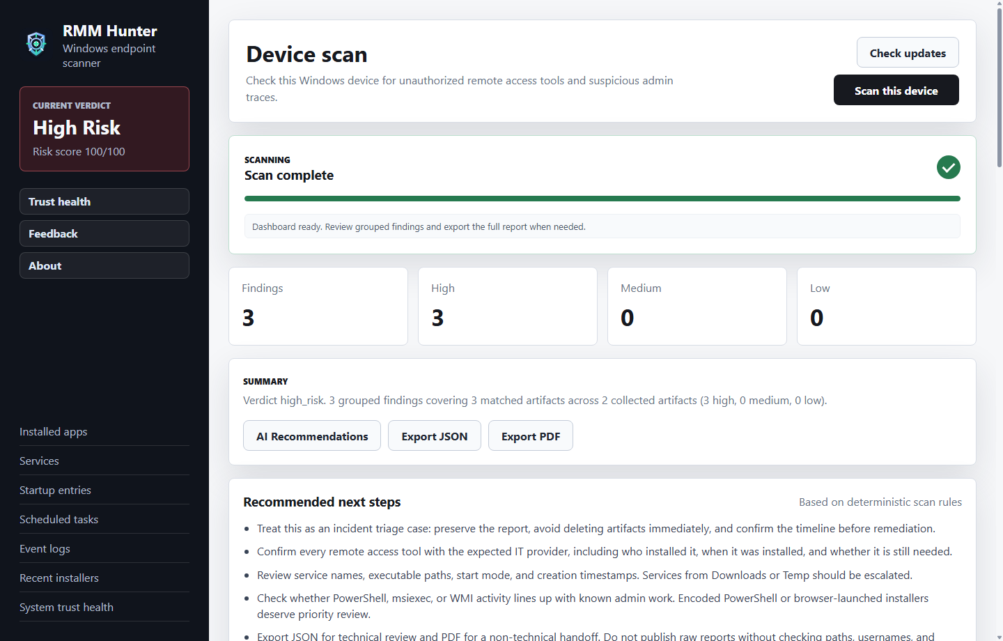 RMM Hunter desktop scan dashboard showing high-risk endpoint triage findings