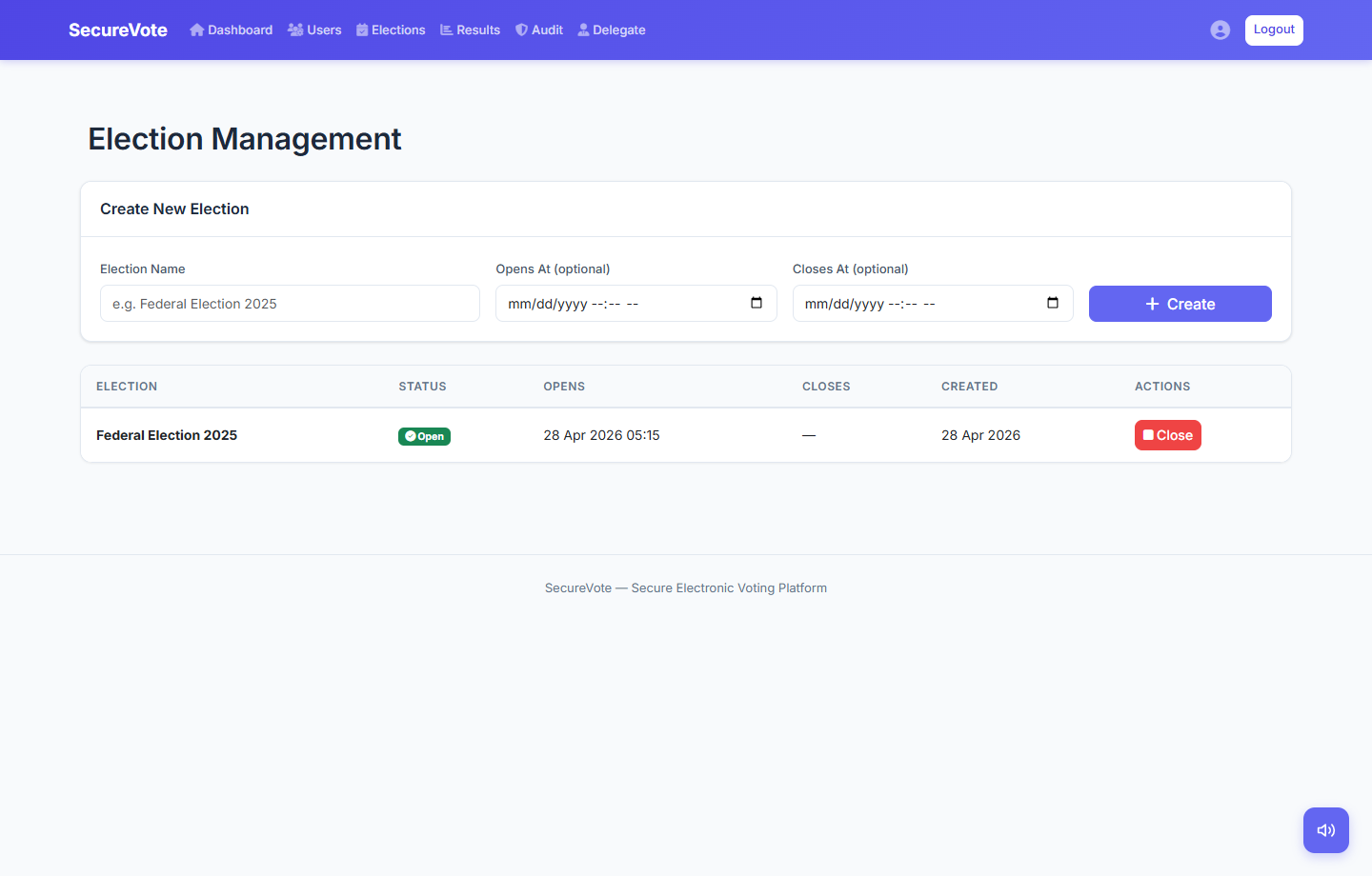 SecureVote election management dashboard